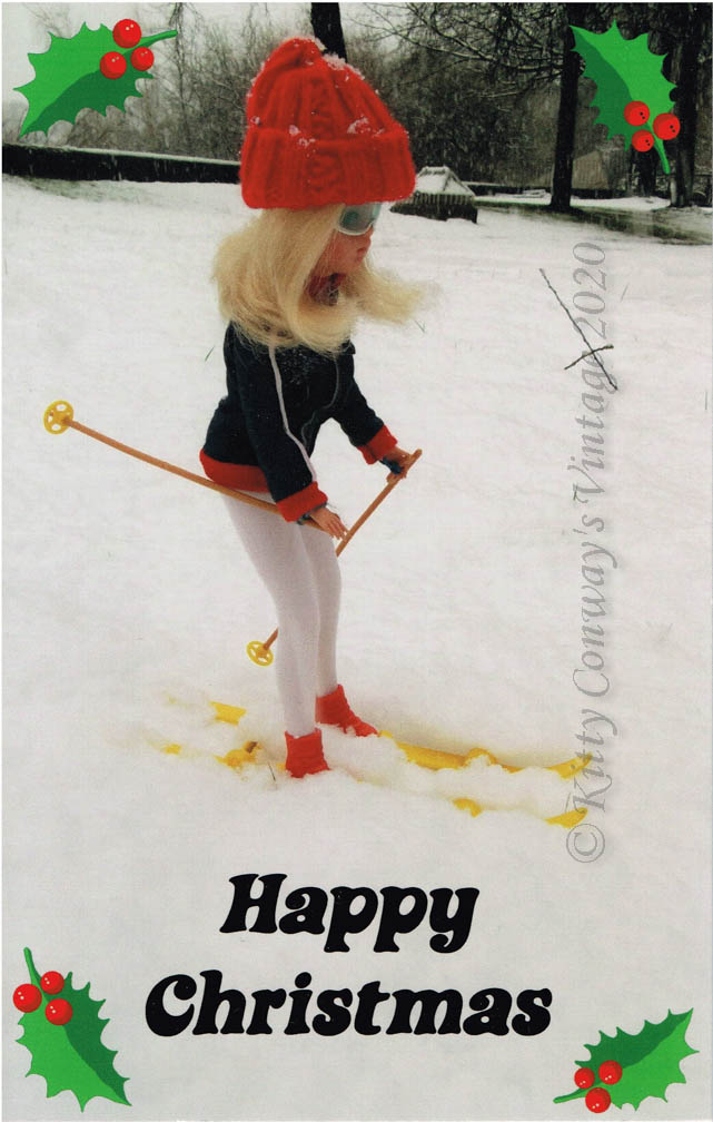 Blonde Sindy in her wooly hat and anorak skis through heavy snow