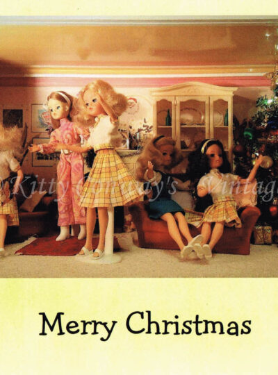 Six Lovely Lively Sindy dolls are listening to records in their Christmas decorated living room