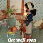 Nurse Sindy features in this Get Well Soon card. Set in Sindy's Home two 1970s beds hold patients - Sweet Dreams Sindy, who is fast asleep, and 1981 Springtime Sindy wearing 1977 Misty Blue nightdress & negligee. Nurse Sindy is chatting to Springtime, offering her more water to go in her glass on the bed tray.