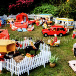 Large campsite scene filled with vintage Sindy dolls and scenesetters like caravans, tents and vehicles