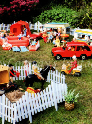 Large campsite scene filled with vintage Sindy dolls and scenesetters like caravans, tents and vehicles