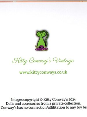 Back of card with green cat logo of Kitty Conways and copyright notice