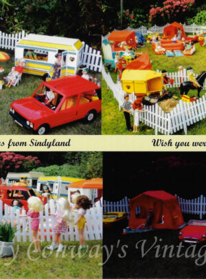 Postcard split into four sections each featuring a Scene from a Sindy campsite. Central bar reads ' Greetings from Sindyland Wish you were here'